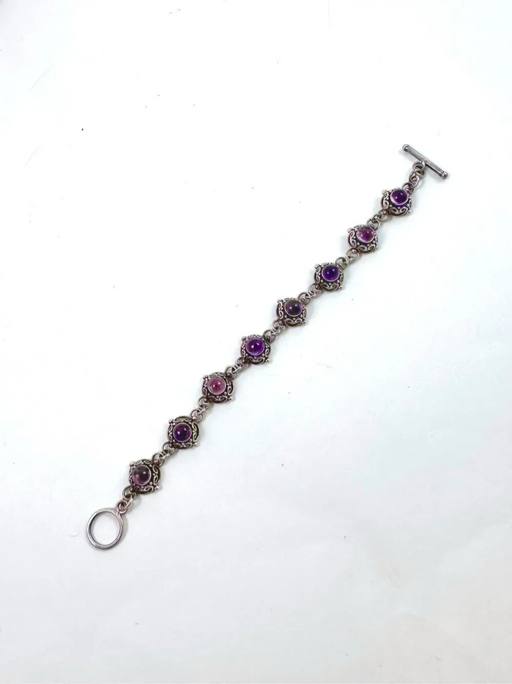 Vintage Sterling Silver Purple Amethyst Semi Precious Gemstone Bracelet Size 6”
